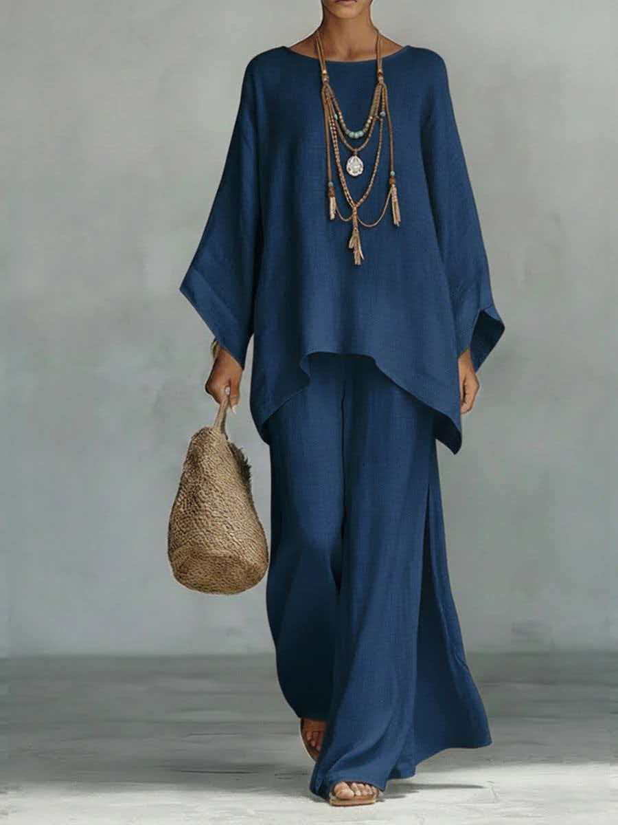 Minimalist Long-Sleeve Top & Wide-Leg Pants Set