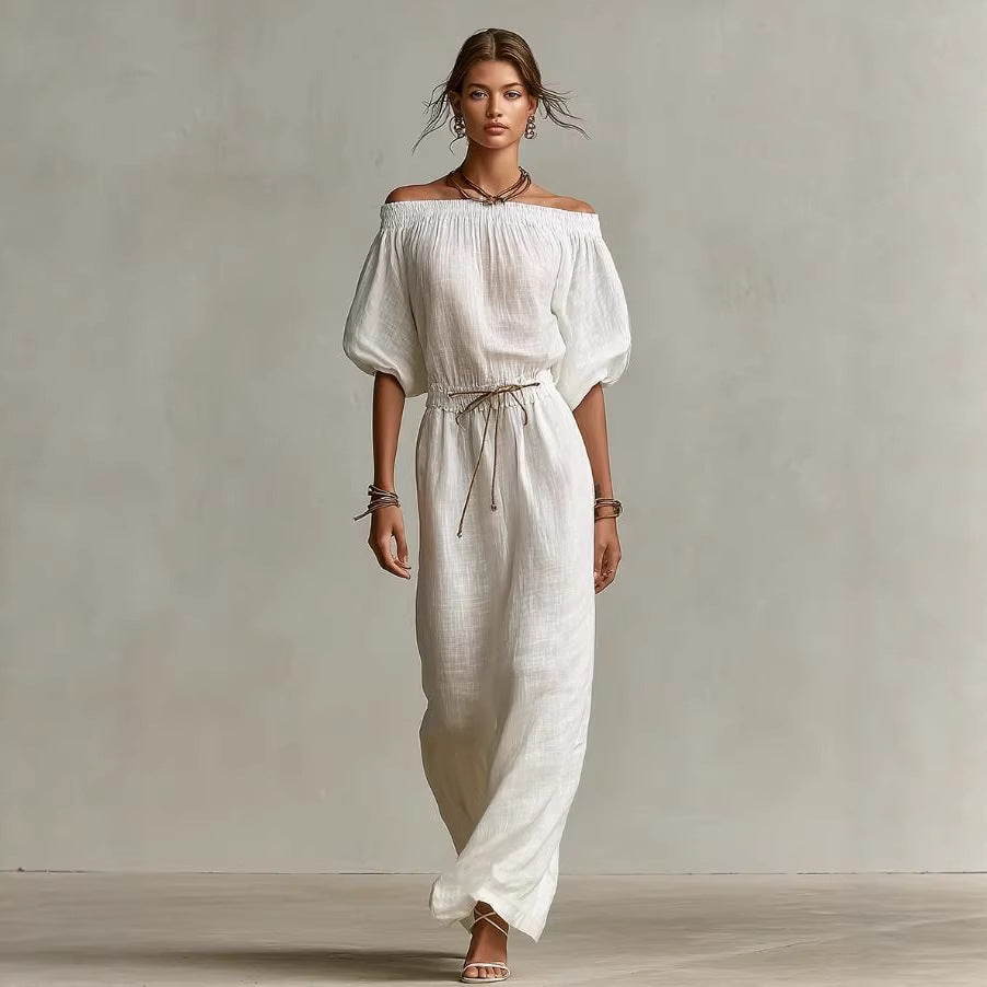 Casual Linen Lantern-Sleeve Top & Full-Length Pants Suit