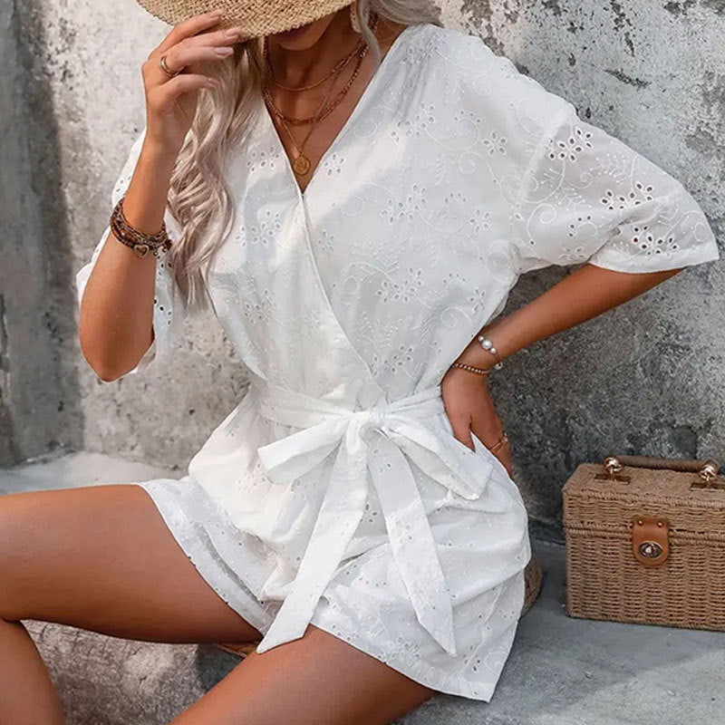 High-Waist Hollow-Out Belted Cropped Jumpsuit