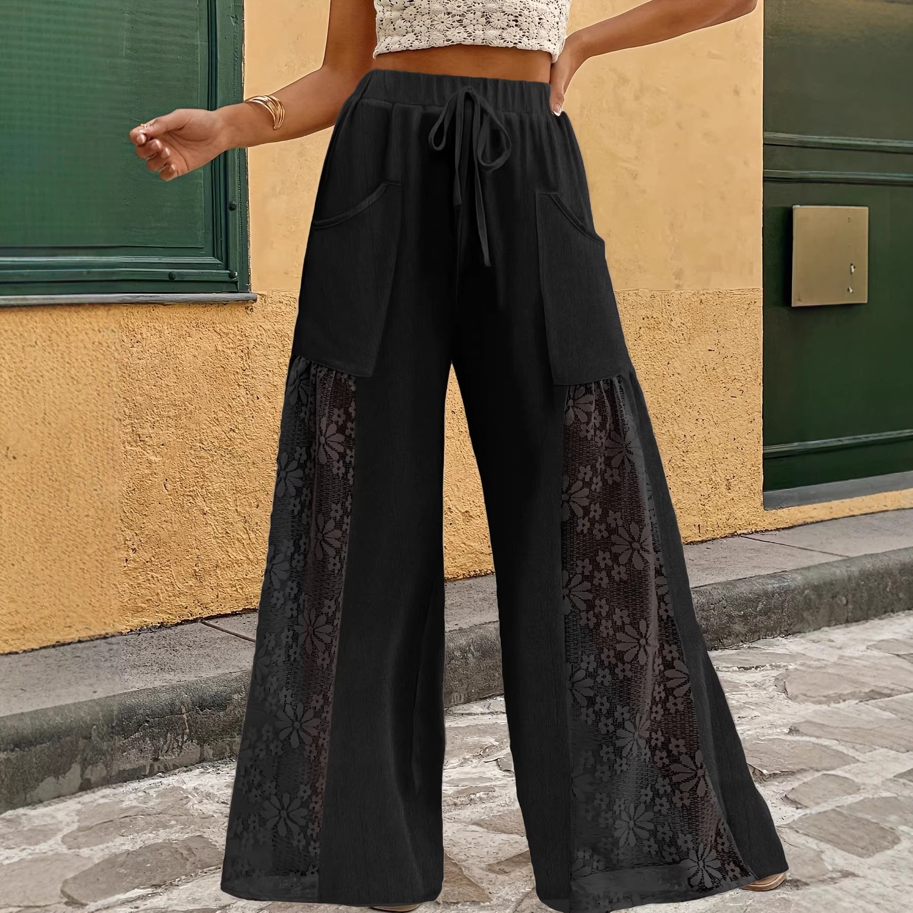 Luxe Lace-Trim Wide-Leg Trousers