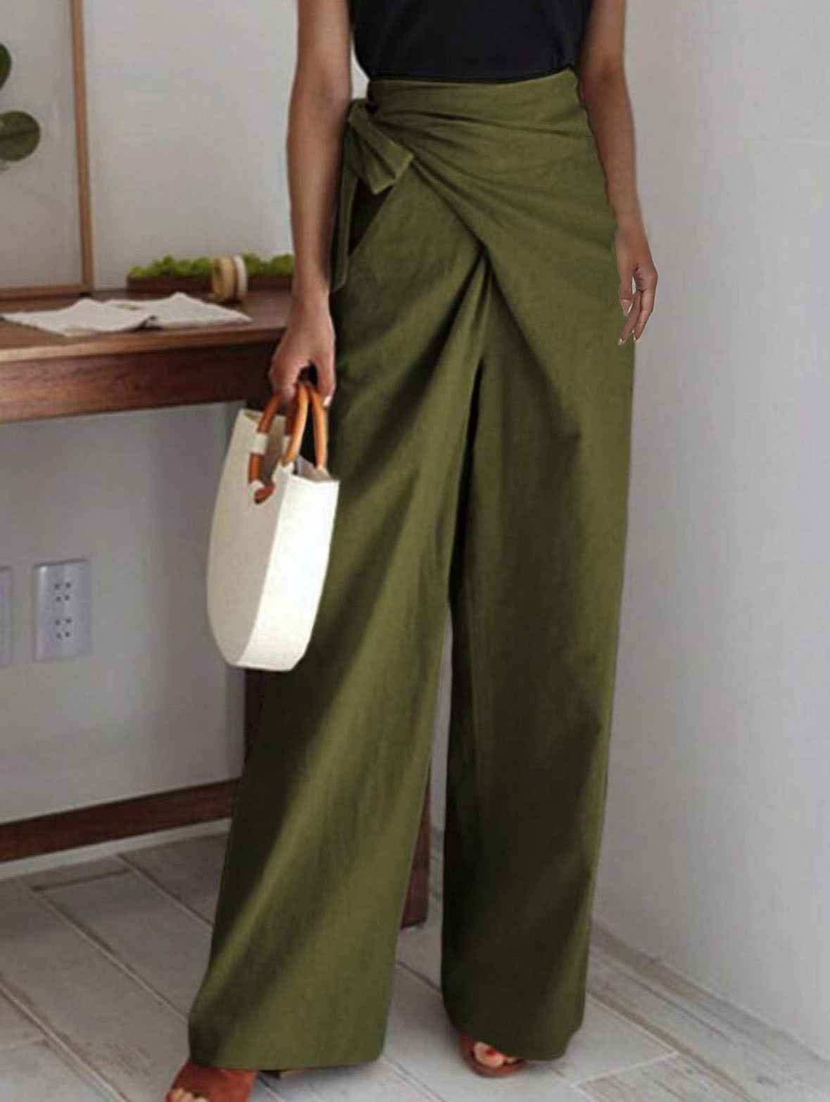 Bow-Tie High-Waist Straight-Leg Trousers