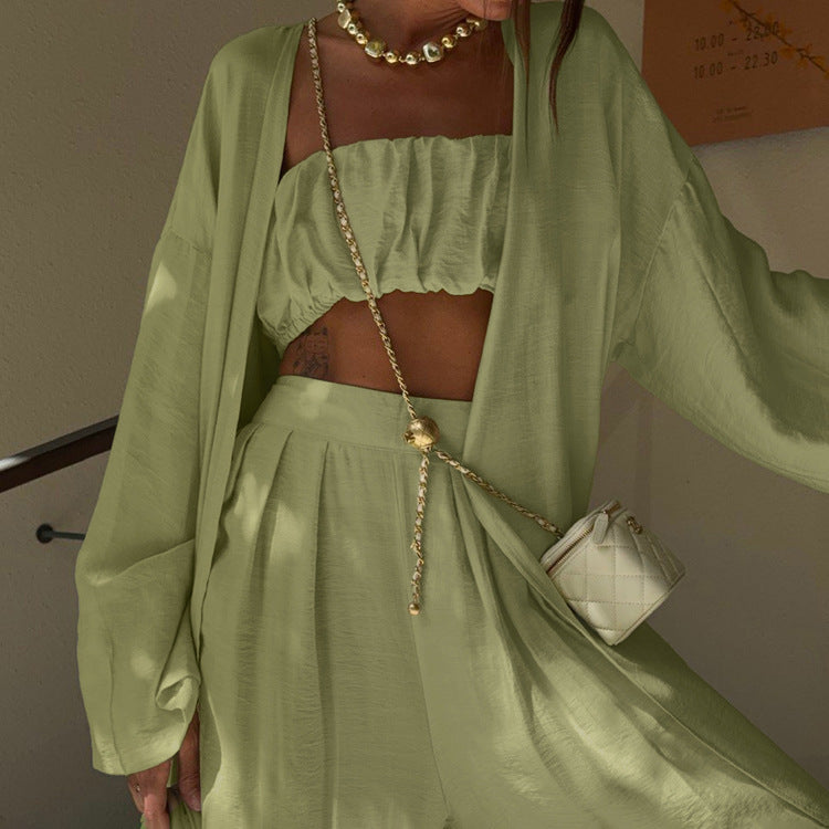 Sage Green 3-Piece Loungewear Set – Crop Top, Kimono Cardigan & Wide-Leg Pants