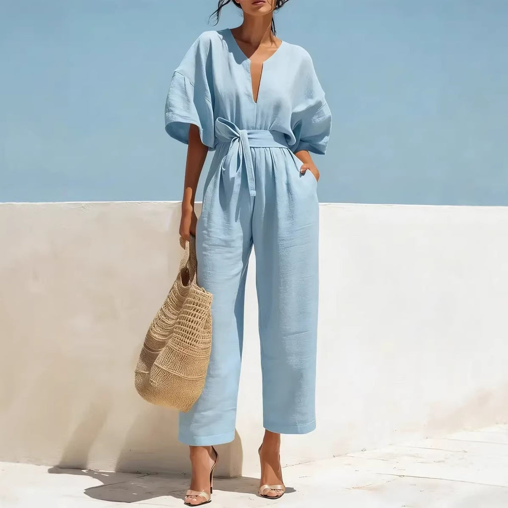 V-Neck High-Waist Cotton-Linen Wide-Leg Jumpsuit