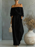 Off-Shoulder Long-Sleeve Top & Wide-Leg Pants Set