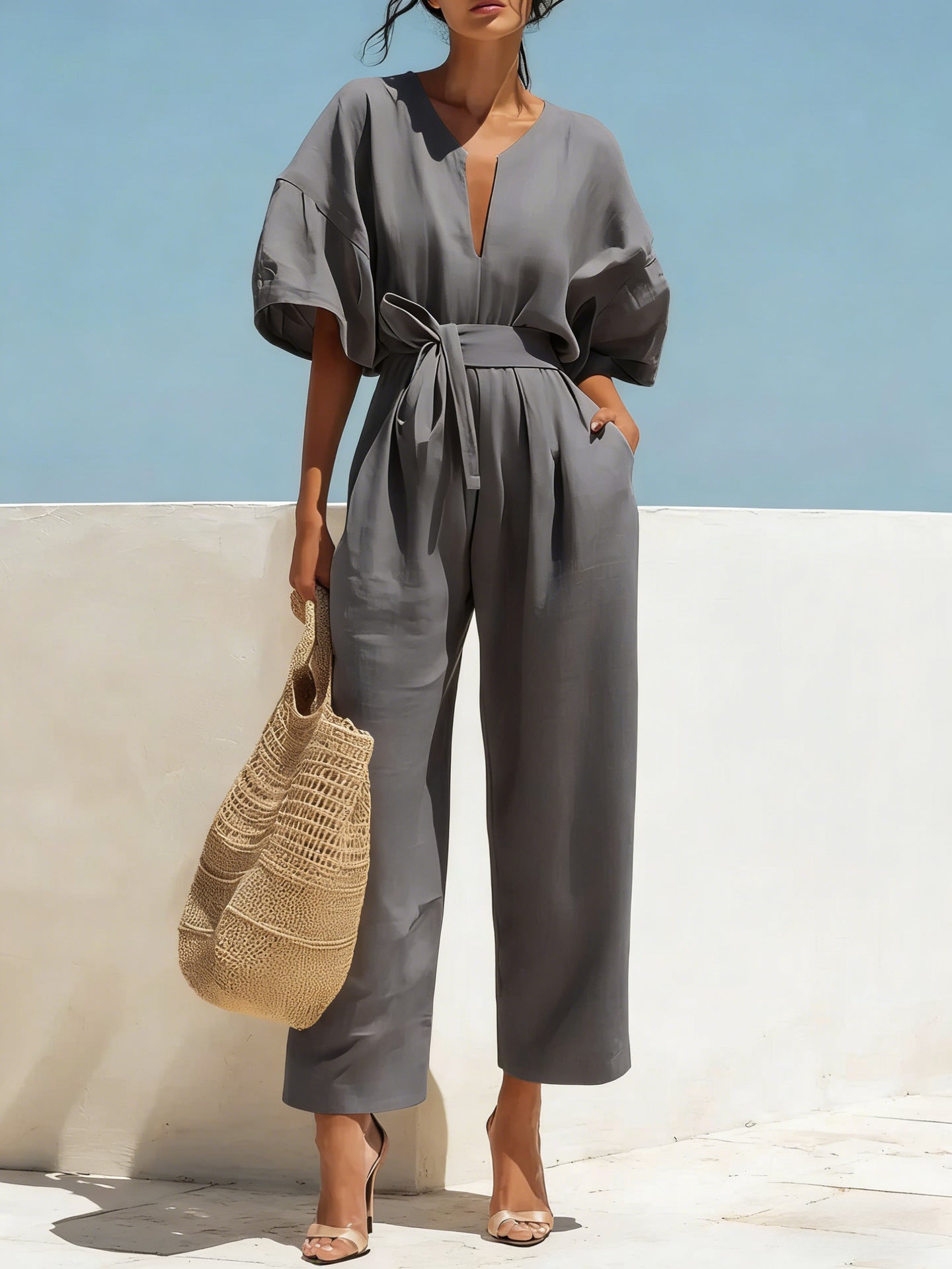 V-Neck High-Waist Cotton-Linen Wide-Leg Jumpsuit