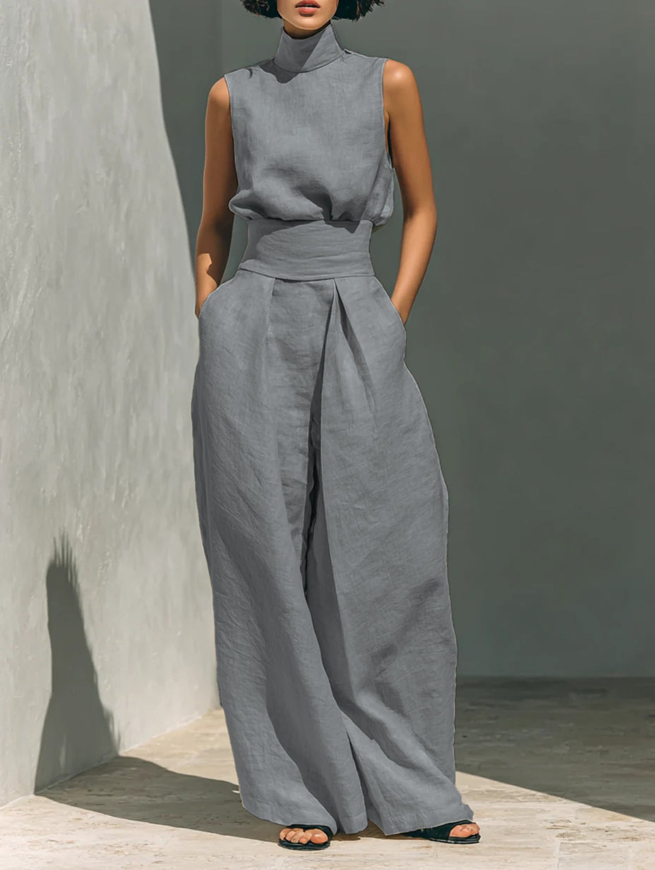 Sleeveless Stand-Collar Top & Straight-Leg Pants Set
