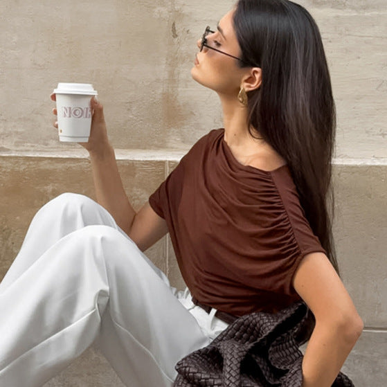 Irregular Slant-Shoulder Loose Short-Sleeve Top