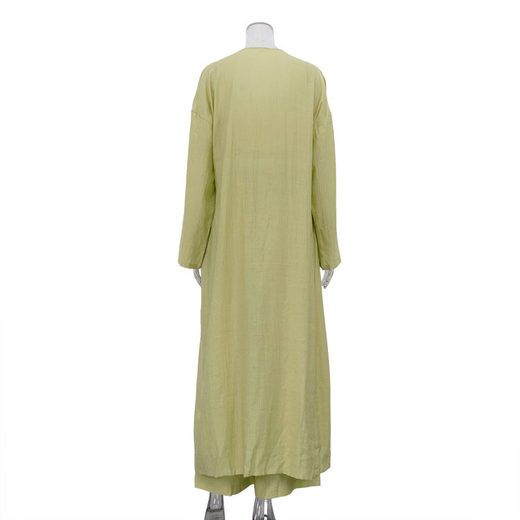 Sage Green 3-Piece Loungewear Set – Crop Top, Kimono Cardigan & Wide-Leg Pants