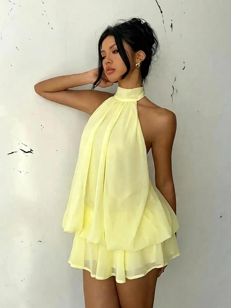 High-Waist Chiffon Halter A-Line Mini Dress