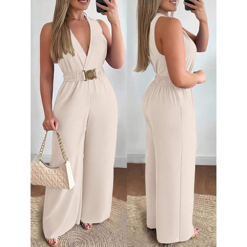 Resort-Style Crossover V-Neck Wide-Leg Jumpsuit