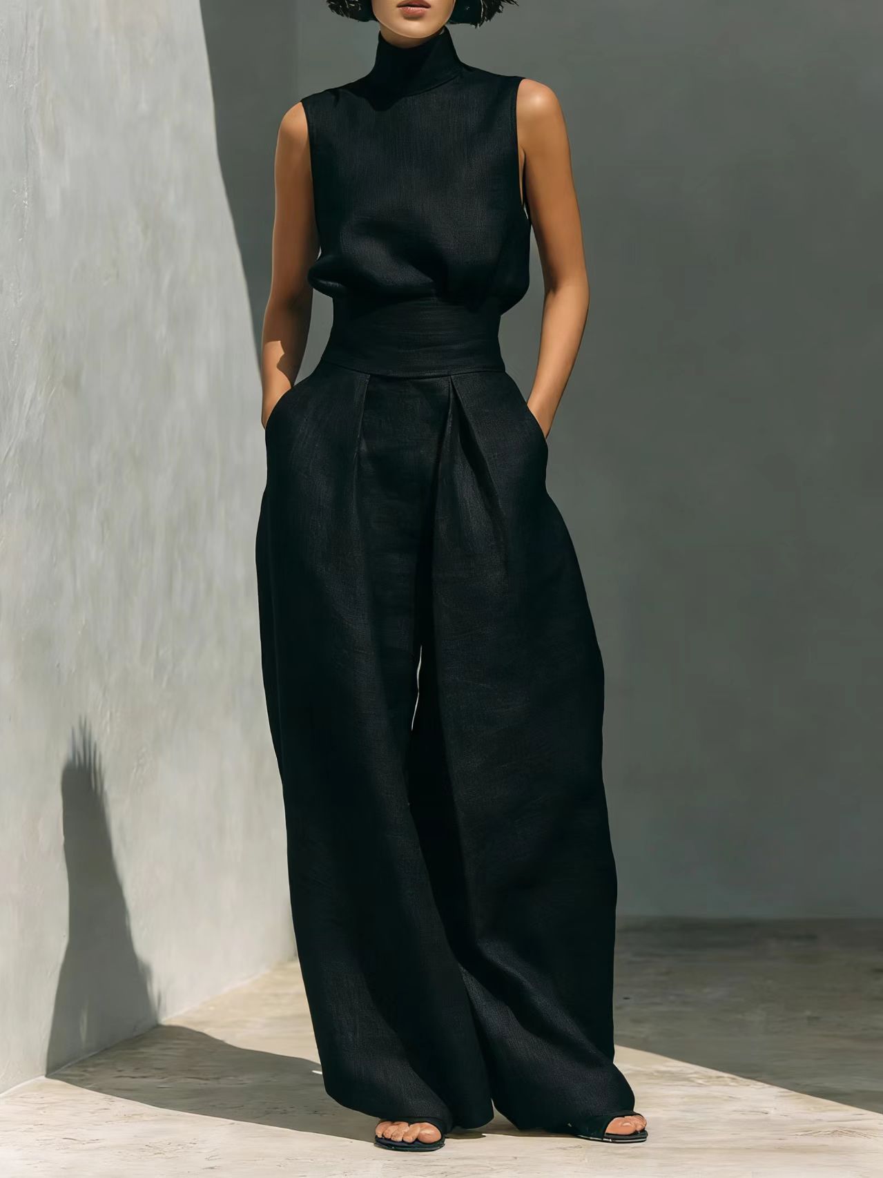 Sleeveless Stand-Collar Top & Straight-Leg Pants Set