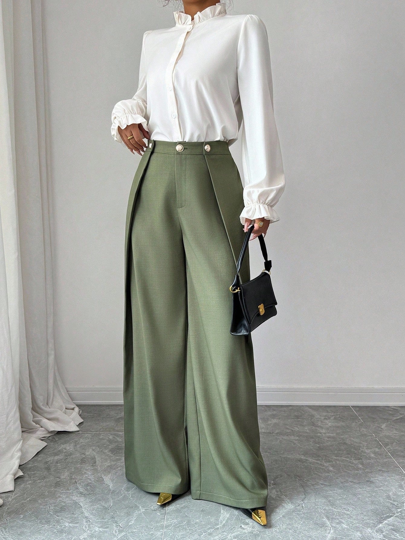 Asymmetric Pleated Solid-Color Pants