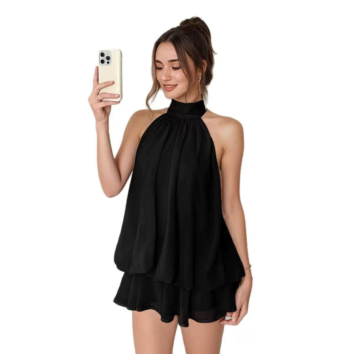 High-Waist Chiffon Halter A-Line Mini Dress
