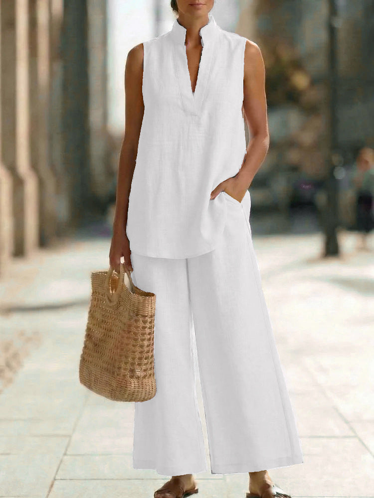 Sleeveless V-Neck Vest & Wide-Leg Pants Set