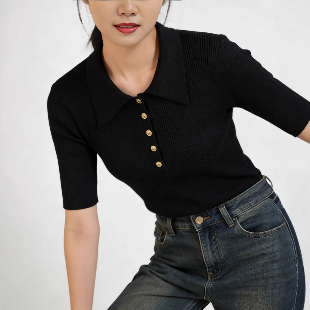 Chic Lapel Contrast-Knit Slim Top