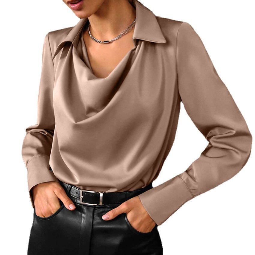 Solid-Color Collared Long-Sleeve Business Blouse