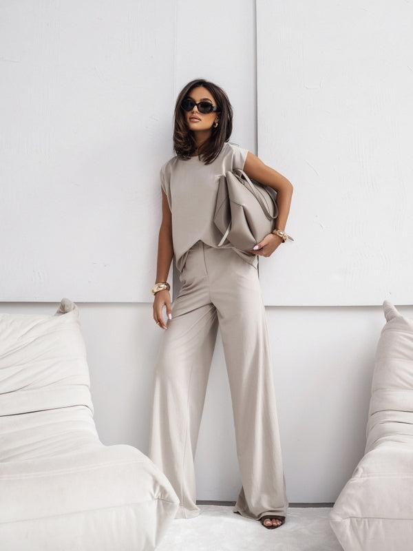 Soft & Chic Knit Two-Piece Set — Tee & Wide-Leg Pants
