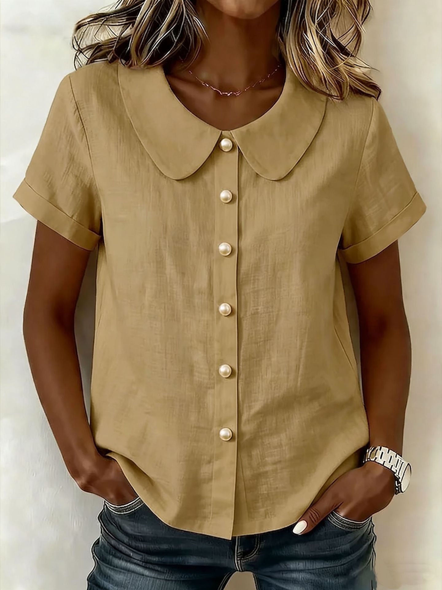 Solid-Color Loose-Fit Short-Sleeve Linen Shirt
