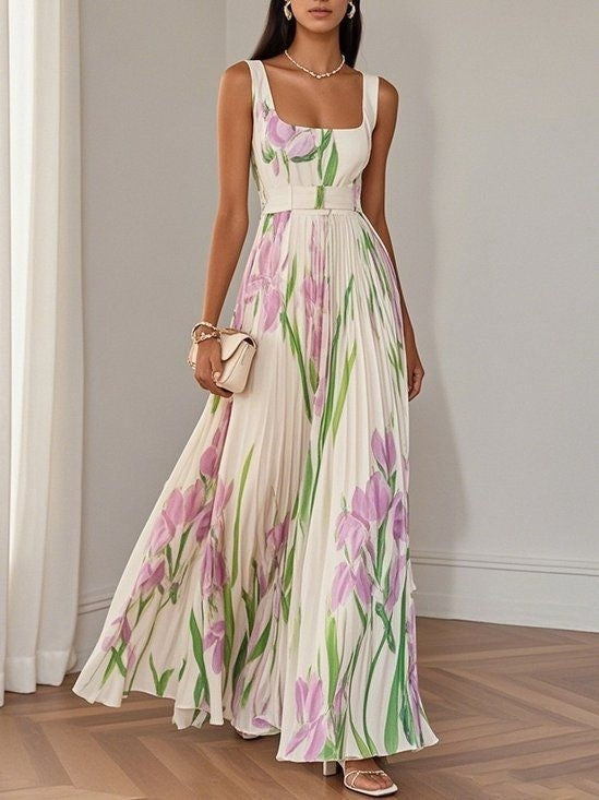Garden Bloom High-Waist Pleated Midi Dress