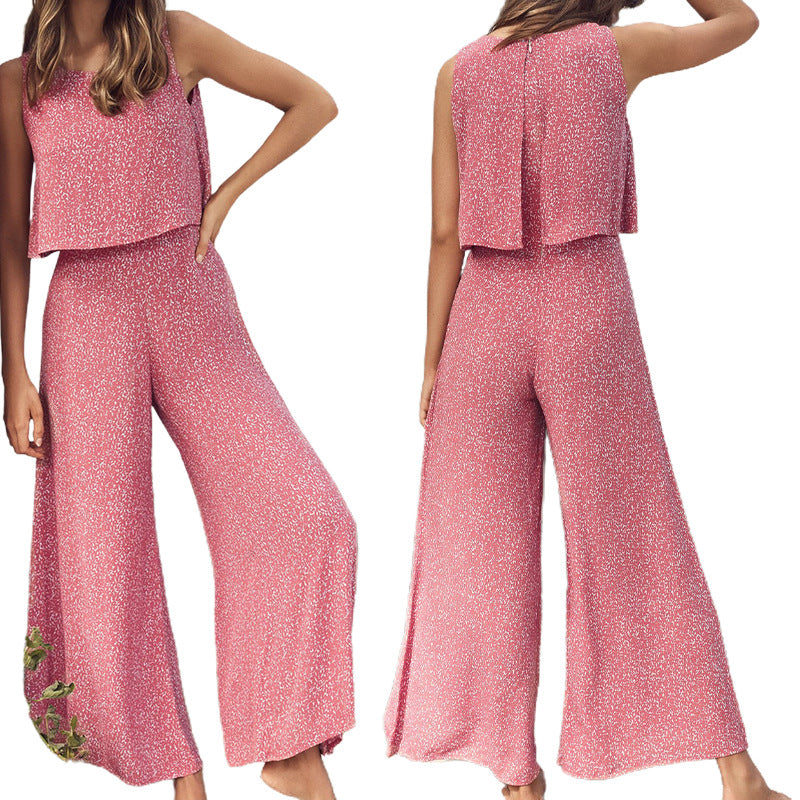 Loose Printed Sleeveless Straight-Leg Jumpsuit