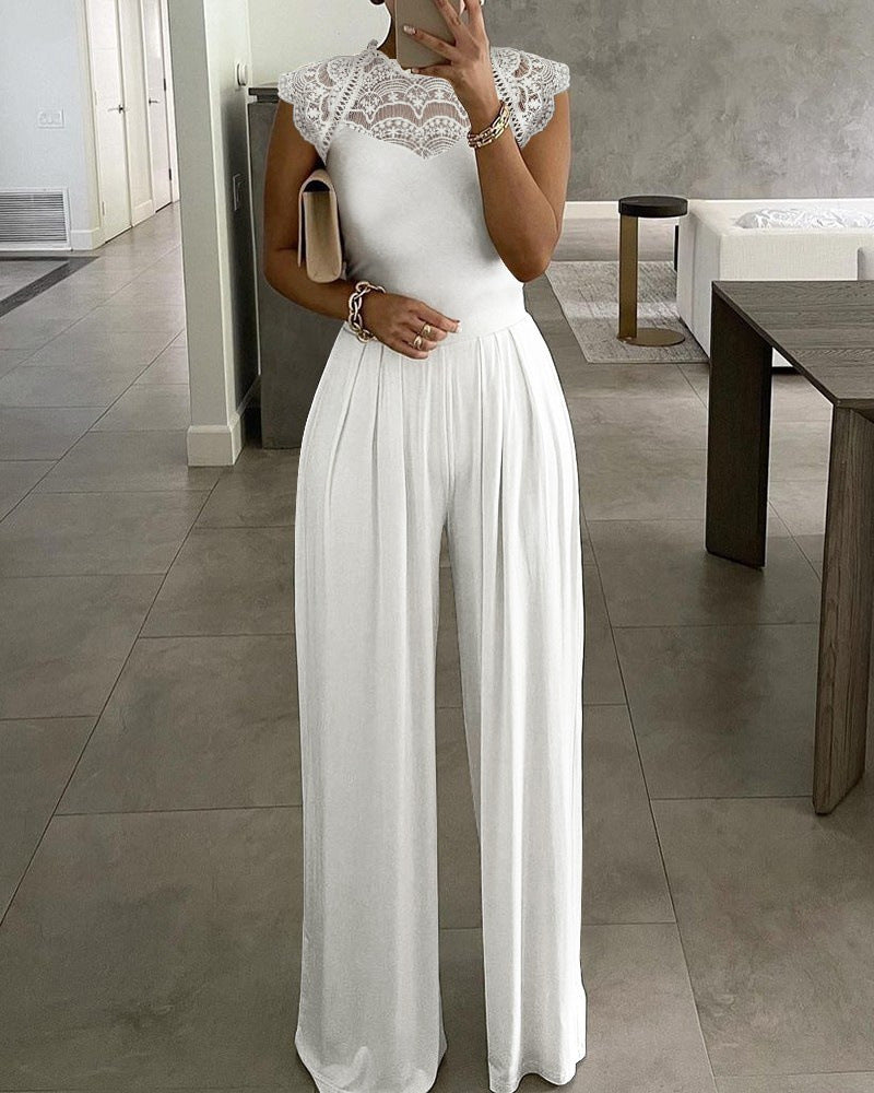 Lace Collar Round-Neck Raglan Sleeve Jumpsuit