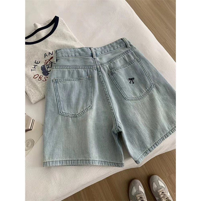 High-Waist Bow-Embroidered Denim Shorts