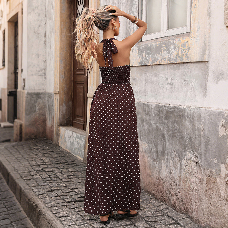 High-Waist Slim-Fit Halter Polka Dot Midi Dress
