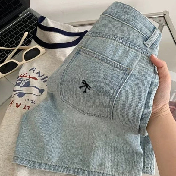 High-Waist Bow-Embroidered Denim Shorts
