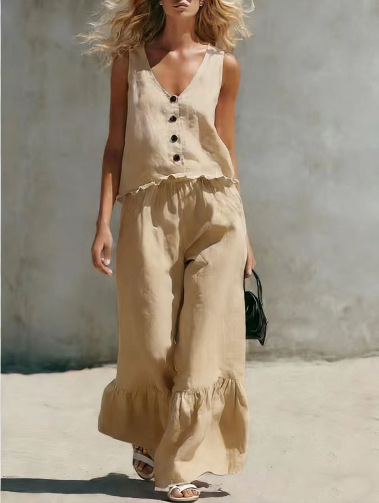 V-Neck Sleeveless Vest & Wide-Leg Pants Cotton-Linen Set