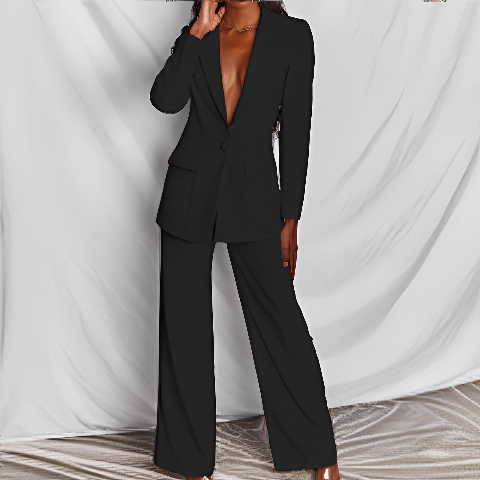 Lapel Blazer & Straight-Leg Pants Office Suit Set