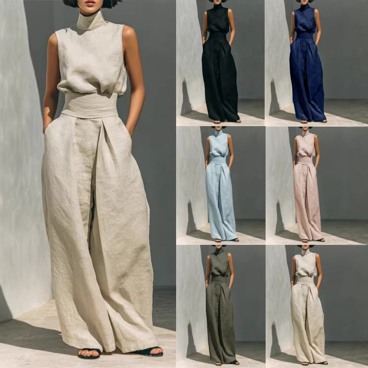 Sleeveless Stand-Collar Top & Straight-Leg Pants Set