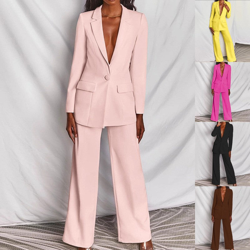 Lapel Blazer & Straight-Leg Pants Office Suit Set