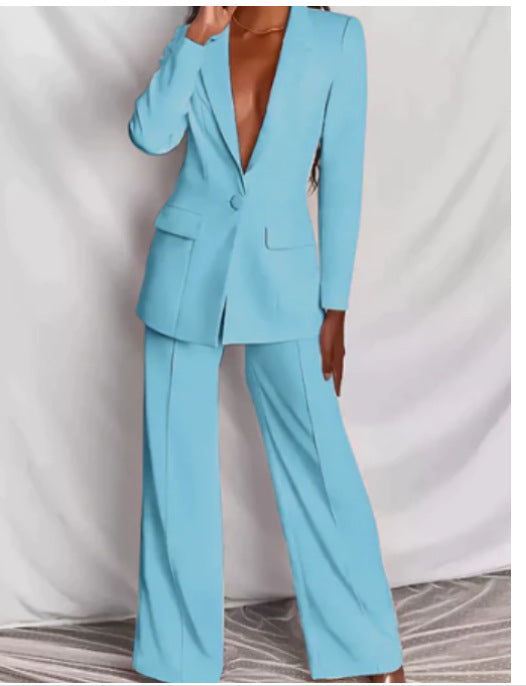 Lapel Blazer & Straight-Leg Pants Office Suit Set