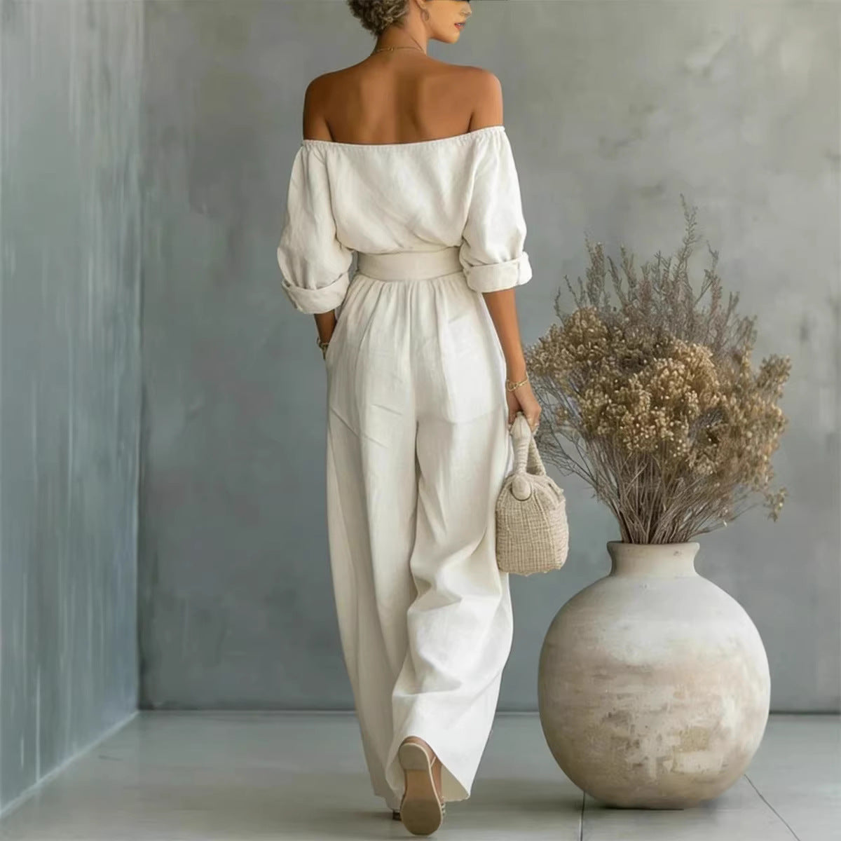 Off-Shoulder Long-Sleeve Top & Wide-Leg Pants Set