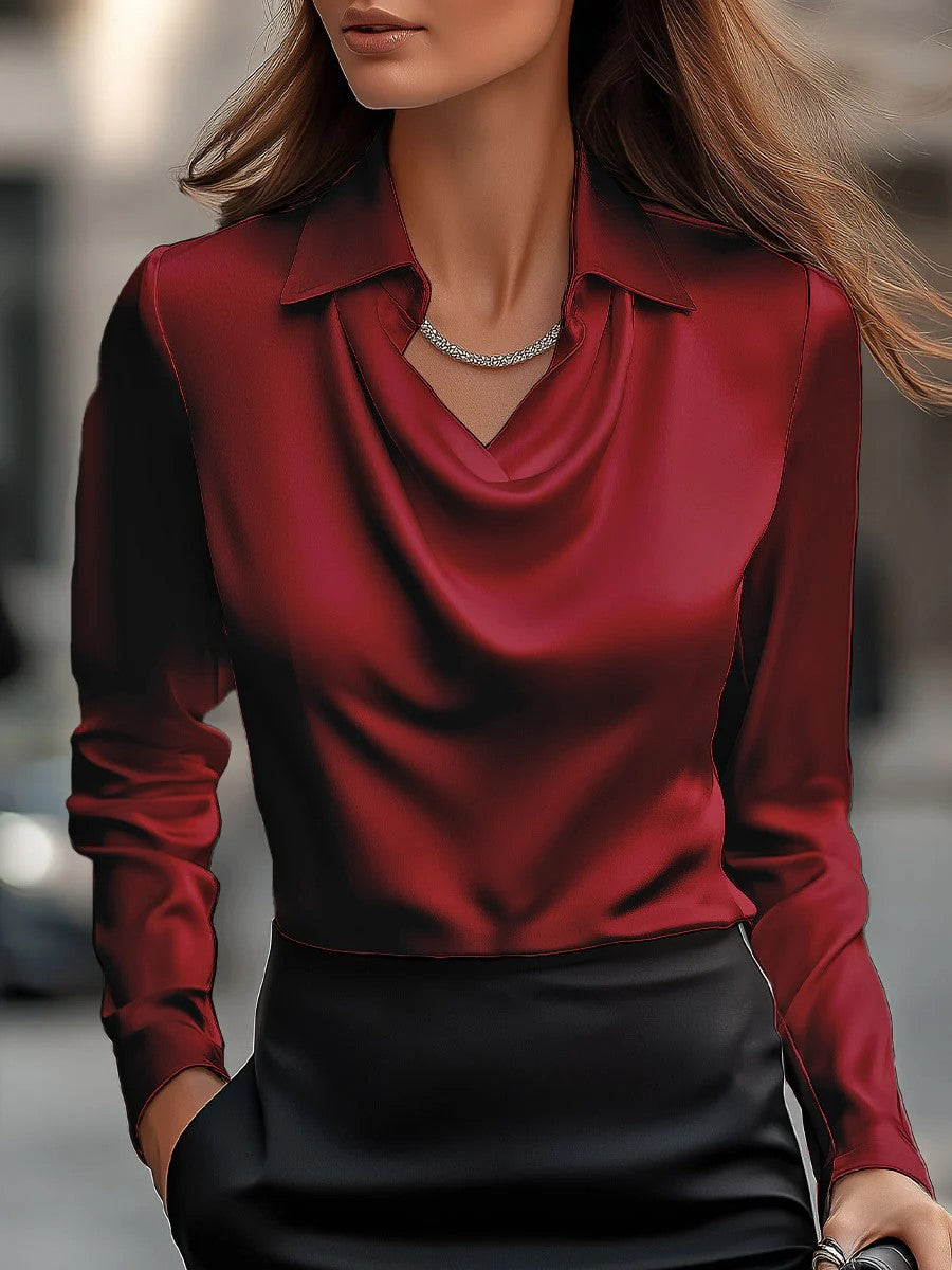 Solid-Color Collared Long-Sleeve Business Blouse