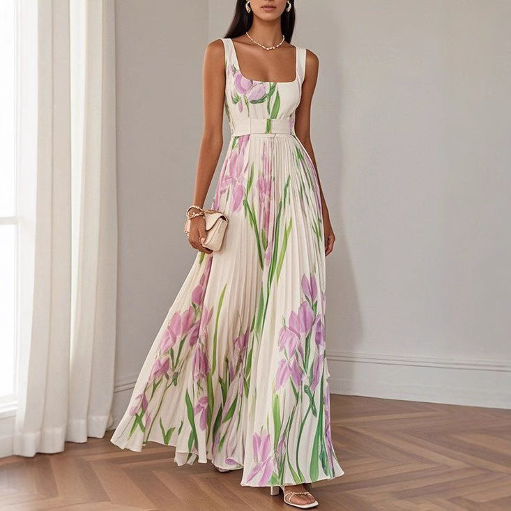 Garden Bloom High-Waist Pleated Midi Dress