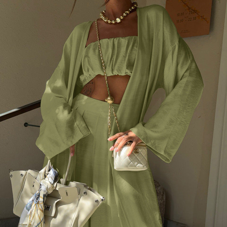 Sage Green 3-Piece Loungewear Set – Crop Top, Kimono Cardigan & Wide-Leg Pants