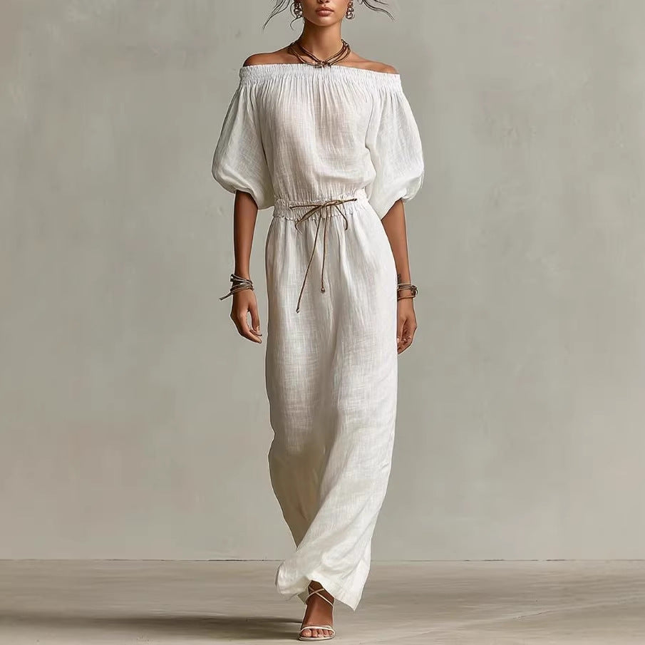 Casual Linen Lantern-Sleeve Top & Full-Length Pants Suit