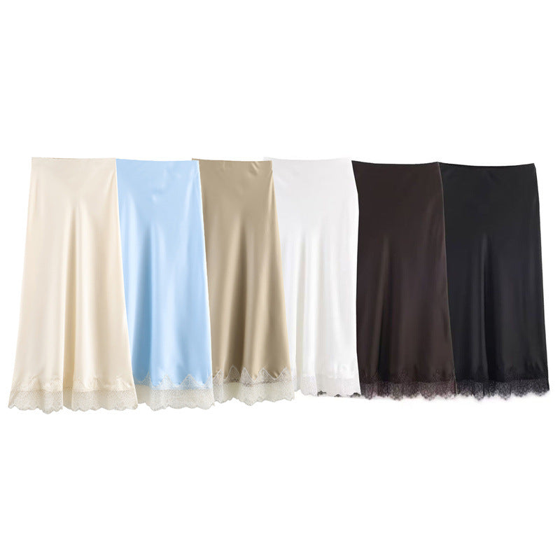 Lace-Trim Silk-Matte High-Waist Midi Skirt