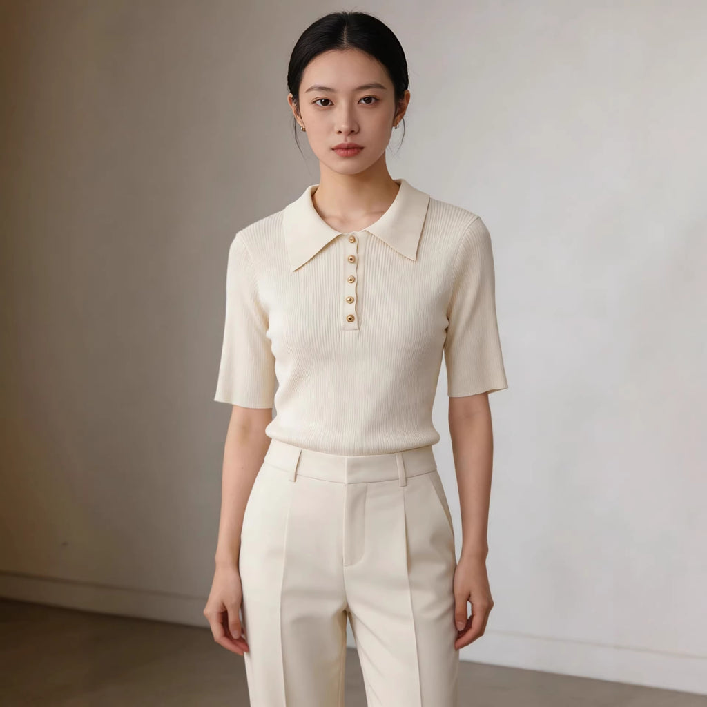Chic Lapel Contrast-Knit Slim Top