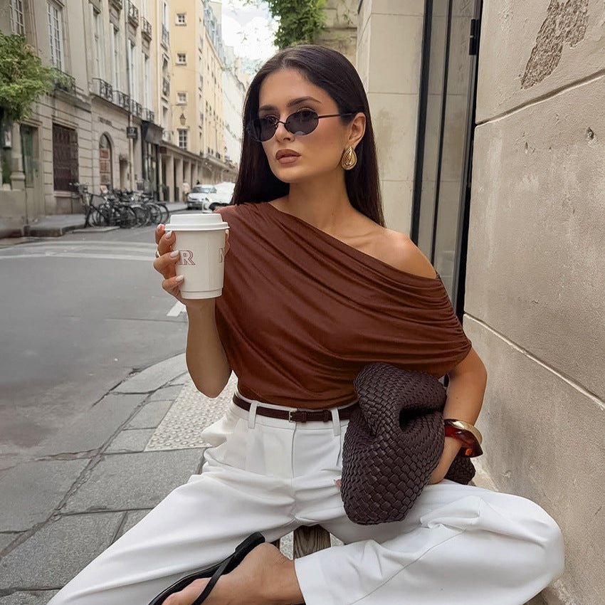 Irregular Slant-Shoulder Loose Short-Sleeve Top