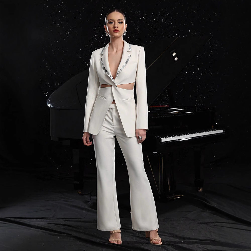 Elegant Hollow-Out Blazer & Wide-Leg Pants Set