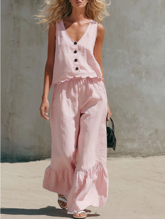 V-Neck Sleeveless Vest & Wide-Leg Pants Cotton-Linen Set