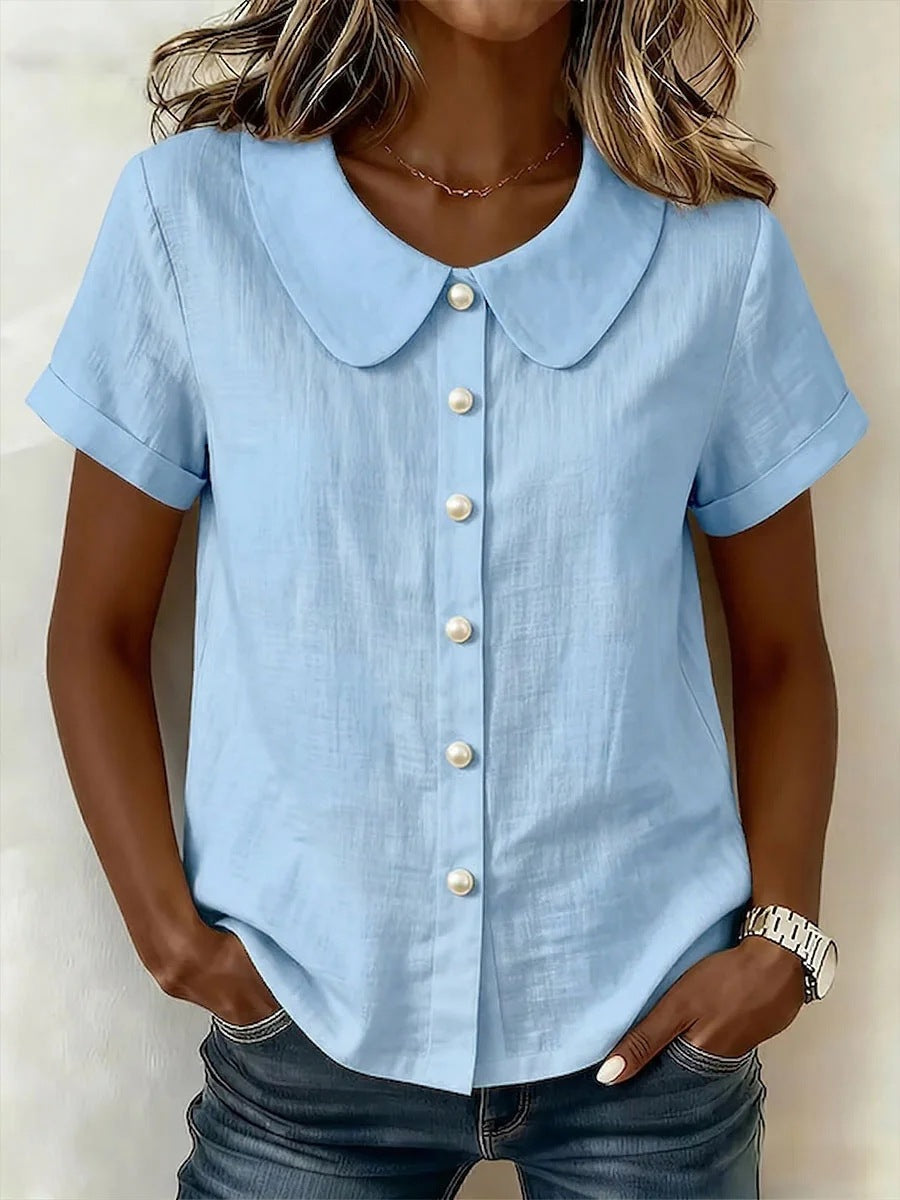 Solid-Color Loose-Fit Short-Sleeve Linen Shirt