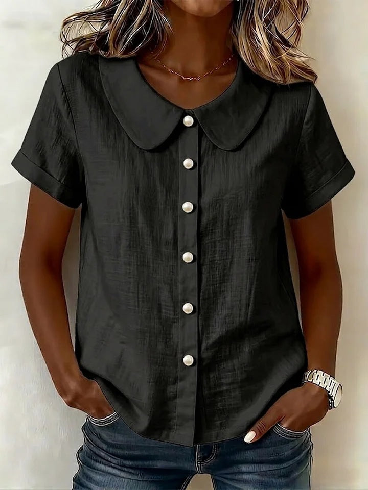 Solid-Color Loose-Fit Short-Sleeve Linen Shirt