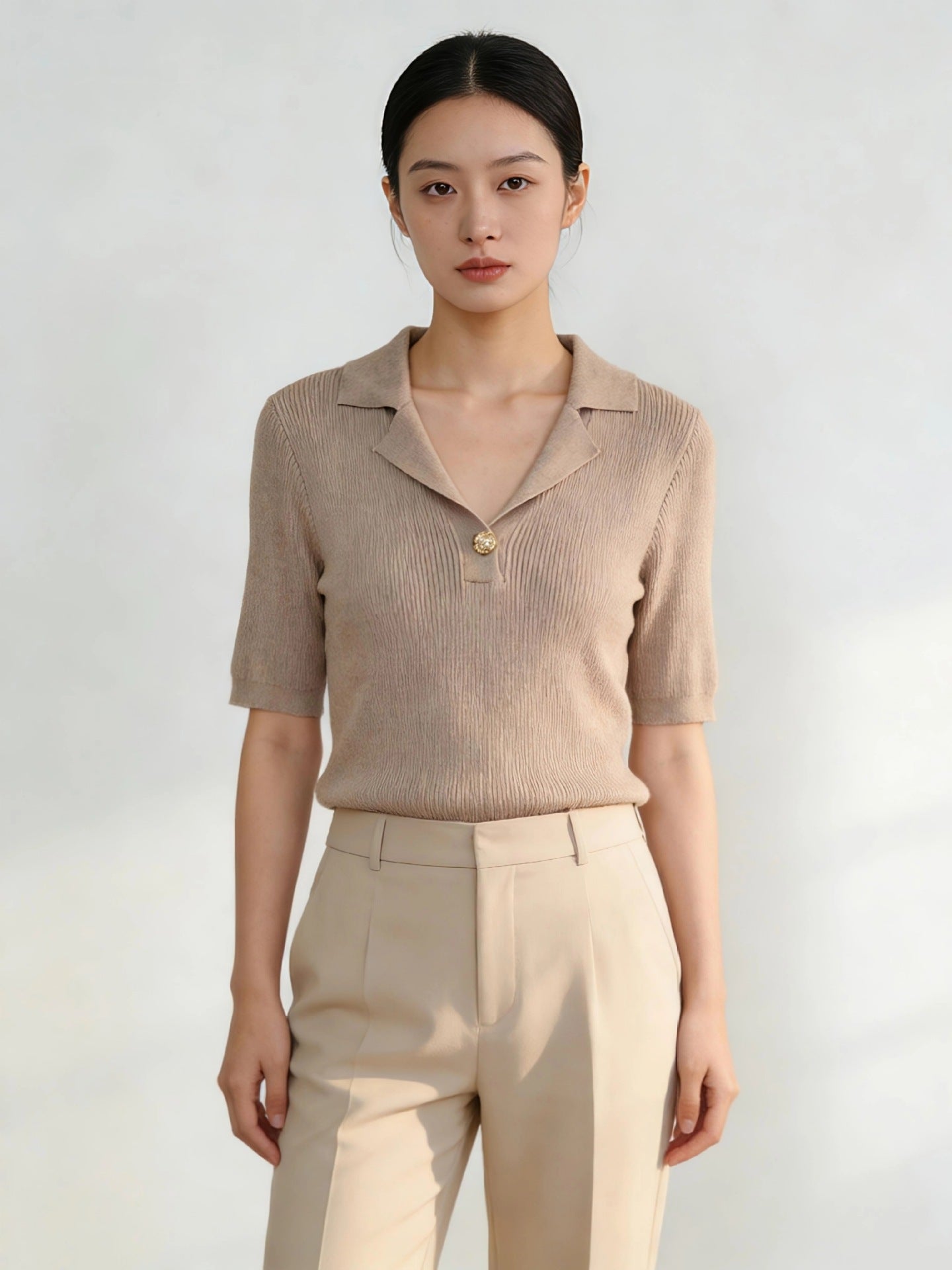 Chic Lapel Contrast-Knit Slim Top
