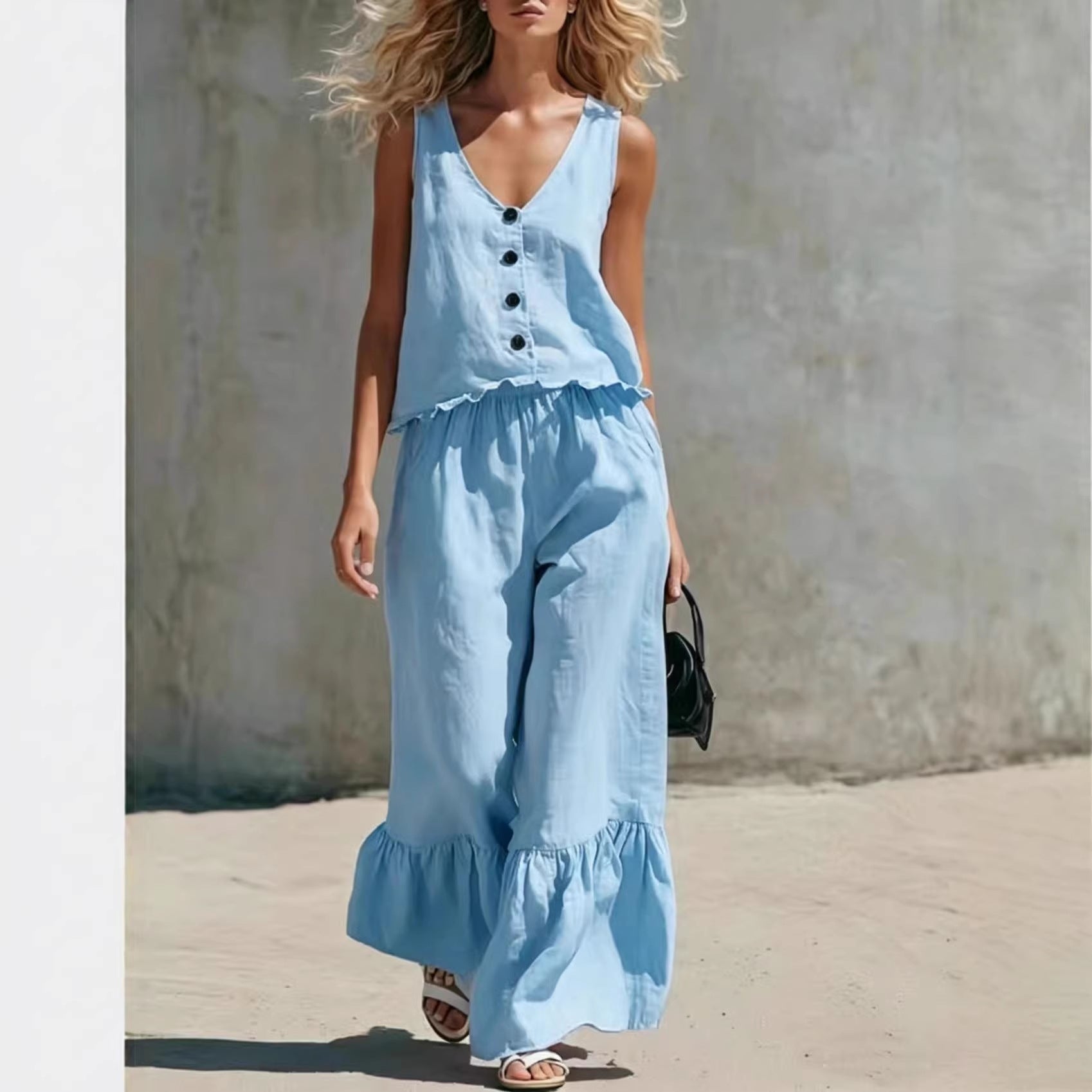 V-Neck Sleeveless Vest & Wide-Leg Pants Cotton-Linen Set
