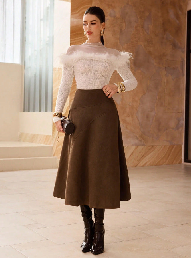 Solid-Color Faux Suede A-Line Long Skirt