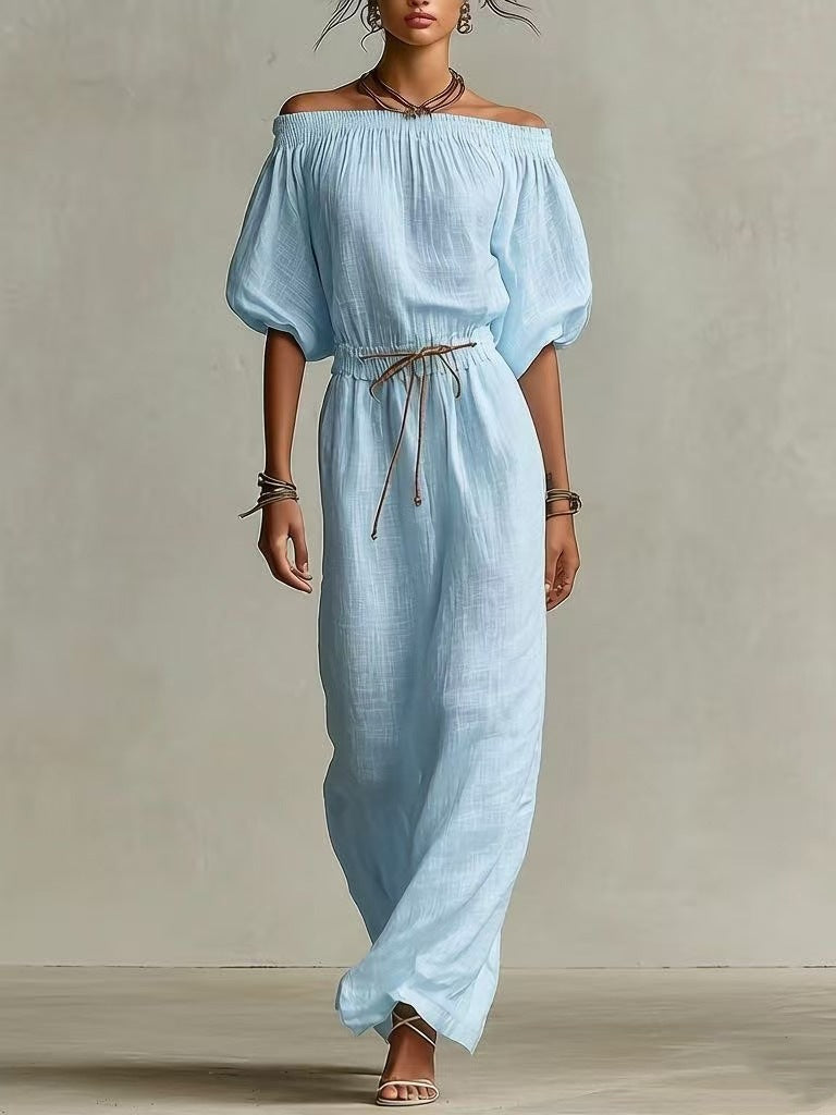 Casual Linen Lantern-Sleeve Top & Full-Length Pants Suit