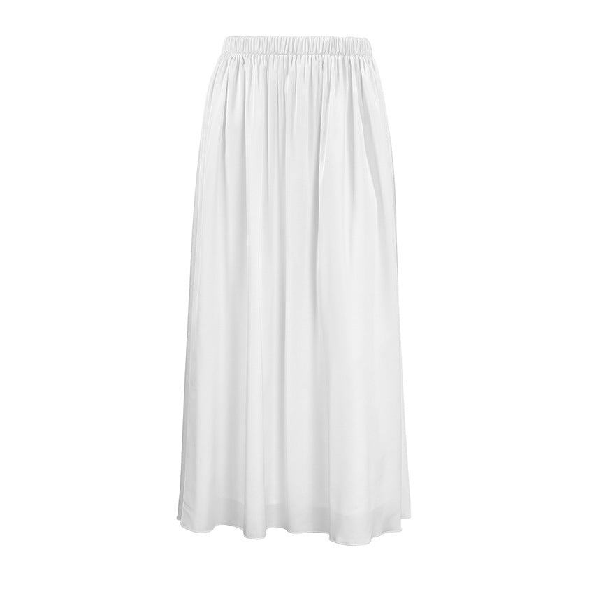 White Satin Pleated High-Waist Maxi Skirt